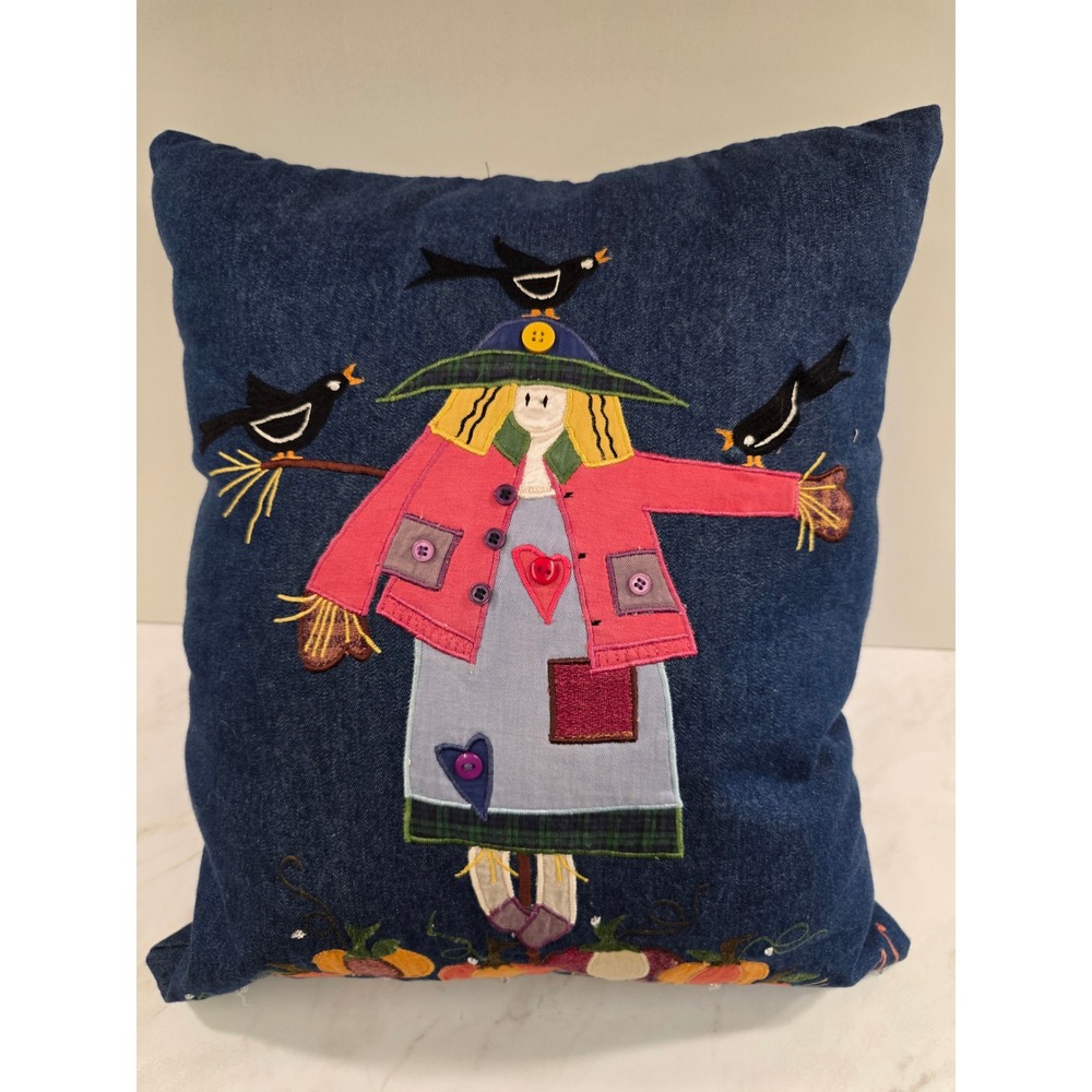 Cottagecore Autumn Throw Pillow Denim Scarecrow Pumpkin Patch Handmade Blue Fall